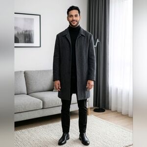 London Fog Wool Blend Top Coat Charcoal Gray 44R Hidden Buttons Lined Excellent